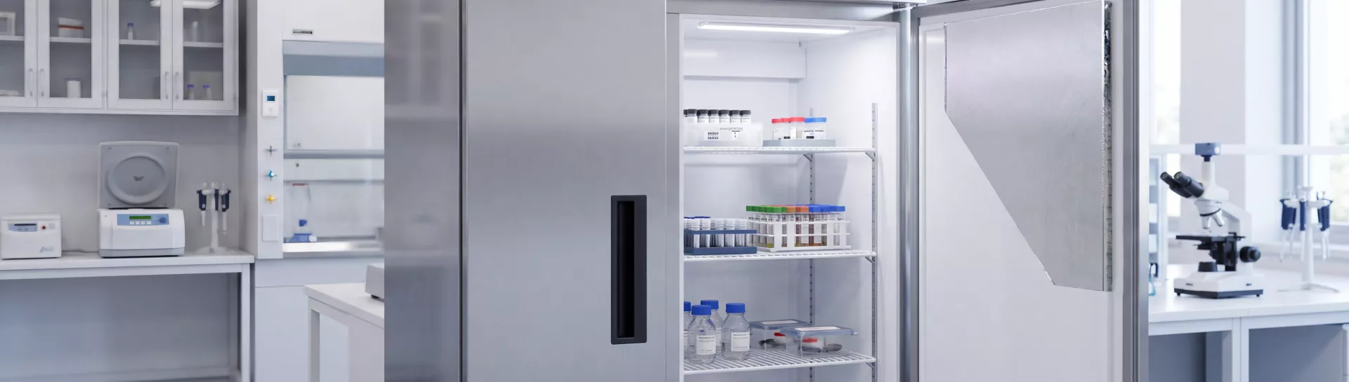 chauffage & refroidissement - Laboratorium met une grande armoire réfrigérée ouverte, contenant des échantillons.