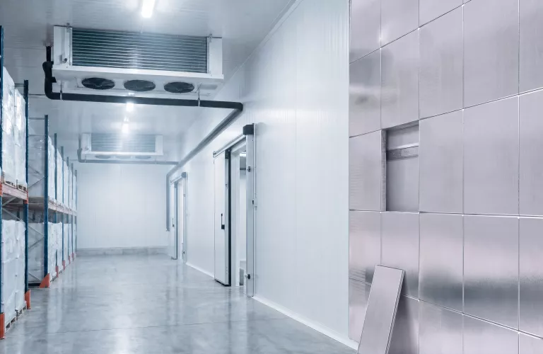 Cold chain - Salle de stockage frigorifiée avec murs blancs et étagères.