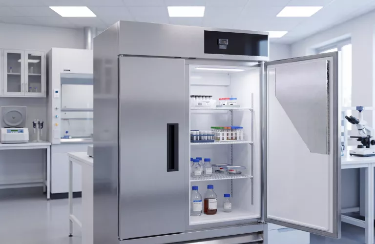 chauffage & refroidissement - Laboratorium met une grande armoire réfrigérée ouverte, contenant des échantillons.