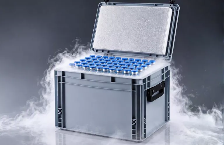 Temperature-controlled packaging box with vaccines and fog