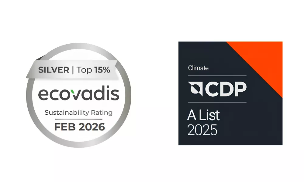 Silver EcoVadis logo and black-orange CDP A List badge.
