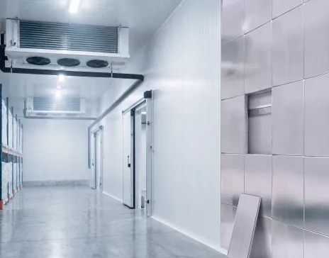 Cold chain - Salle de stockage frigorifiée avec murs blancs et étagères.