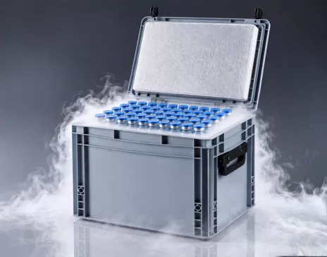 Temperature-controlled packaging box with vaccines and fog